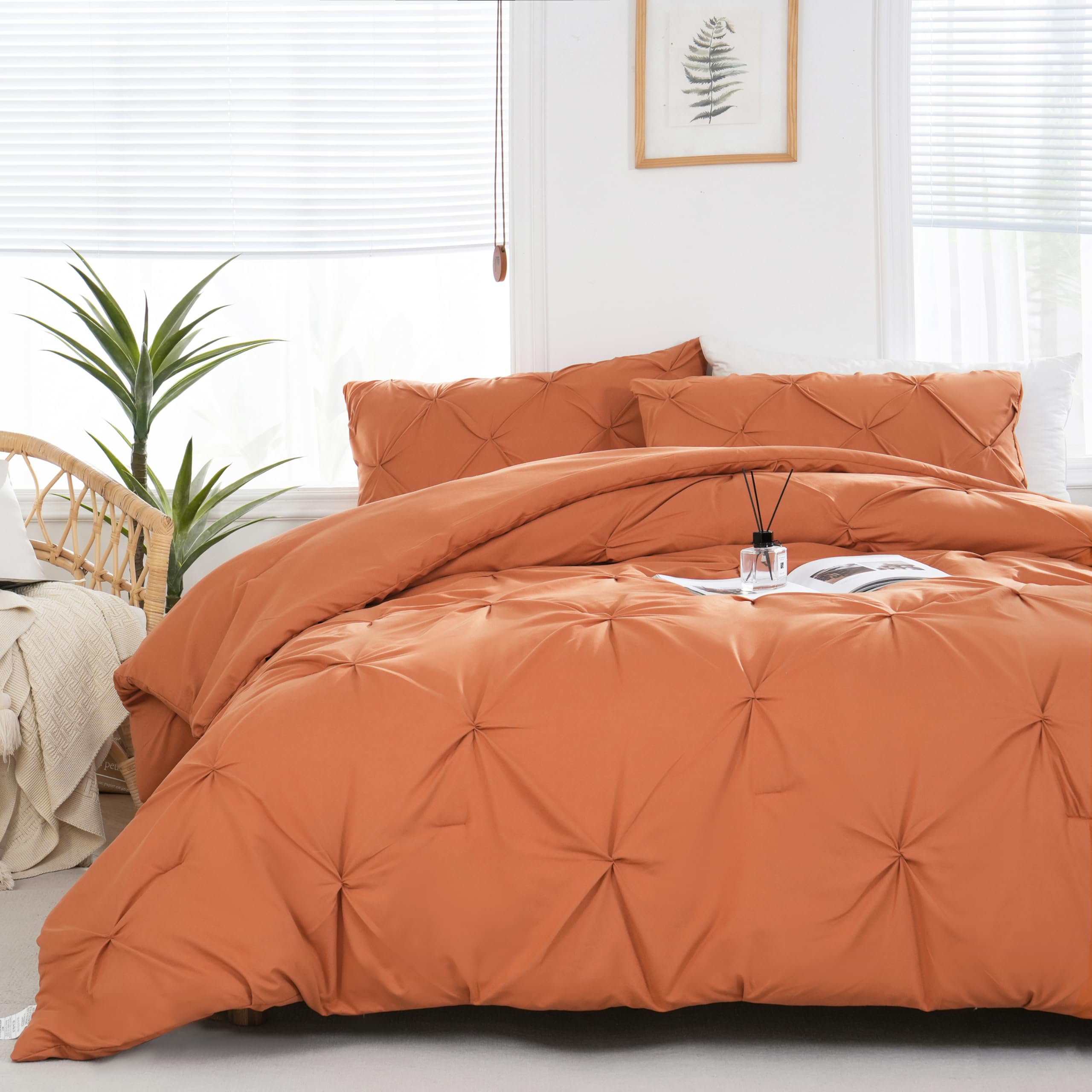 Downcool King Size Comforter Set - Burnt Orange Comforter King Size, 3 Pieces Pintuck Bedding Comforter Sets, Pinch Pleated Comf